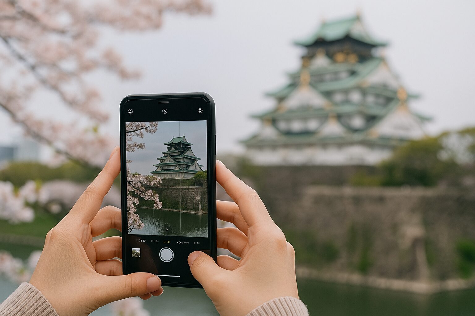 スマートフォンで大阪の観光地を撮影し、SNSに投稿している様子