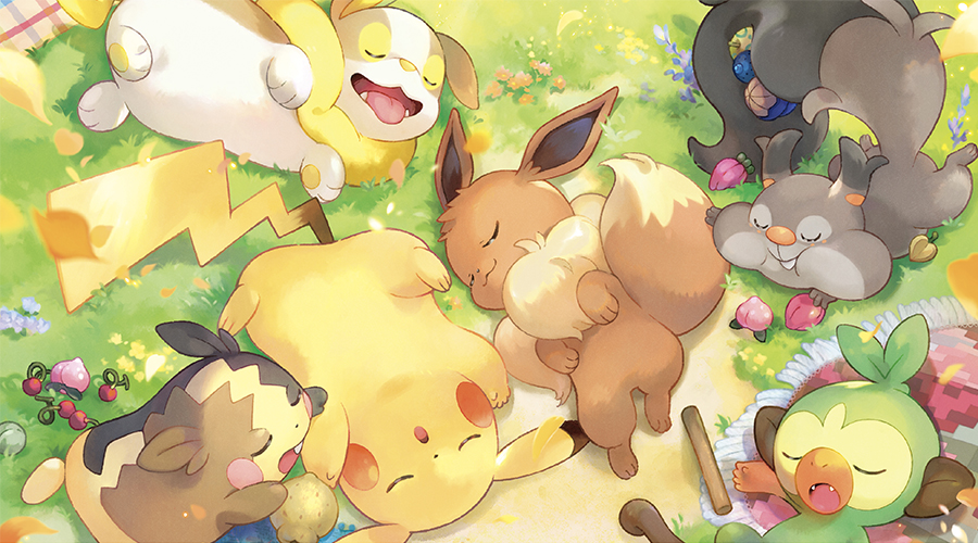 草原で仲良く昼寝をするピカチュウやイーブイなど、人気ポケモンたちのイラスト