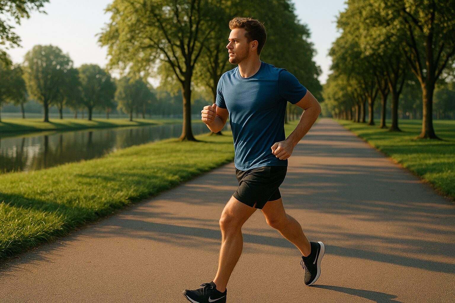 朝日が差し込む公園を軽快にランニングする若い男性。爽やかな朝の空気の中、軽装で走る姿がリフレッシュと健康的な生活習慣を象徴している。