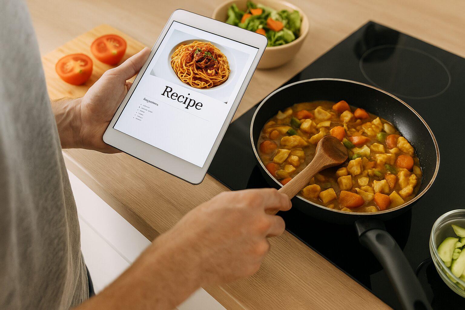 自宅のキッチンでカレーやおつまみを調理している初心者男性の料理風景。調理台の上にはスパイスやフライパンが並び、温かみのある家庭的な雰囲気が広がっている。