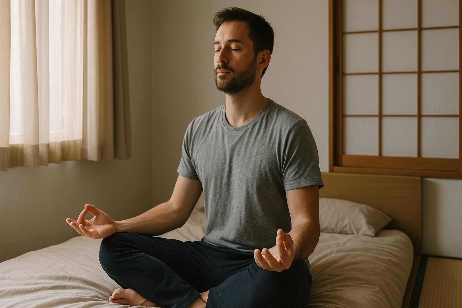 布団の上に座って呼吸に集中する男性の瞑想風景。朝の静かな時間に副交感神経を整え、リラックスを促す一人時間の様子。