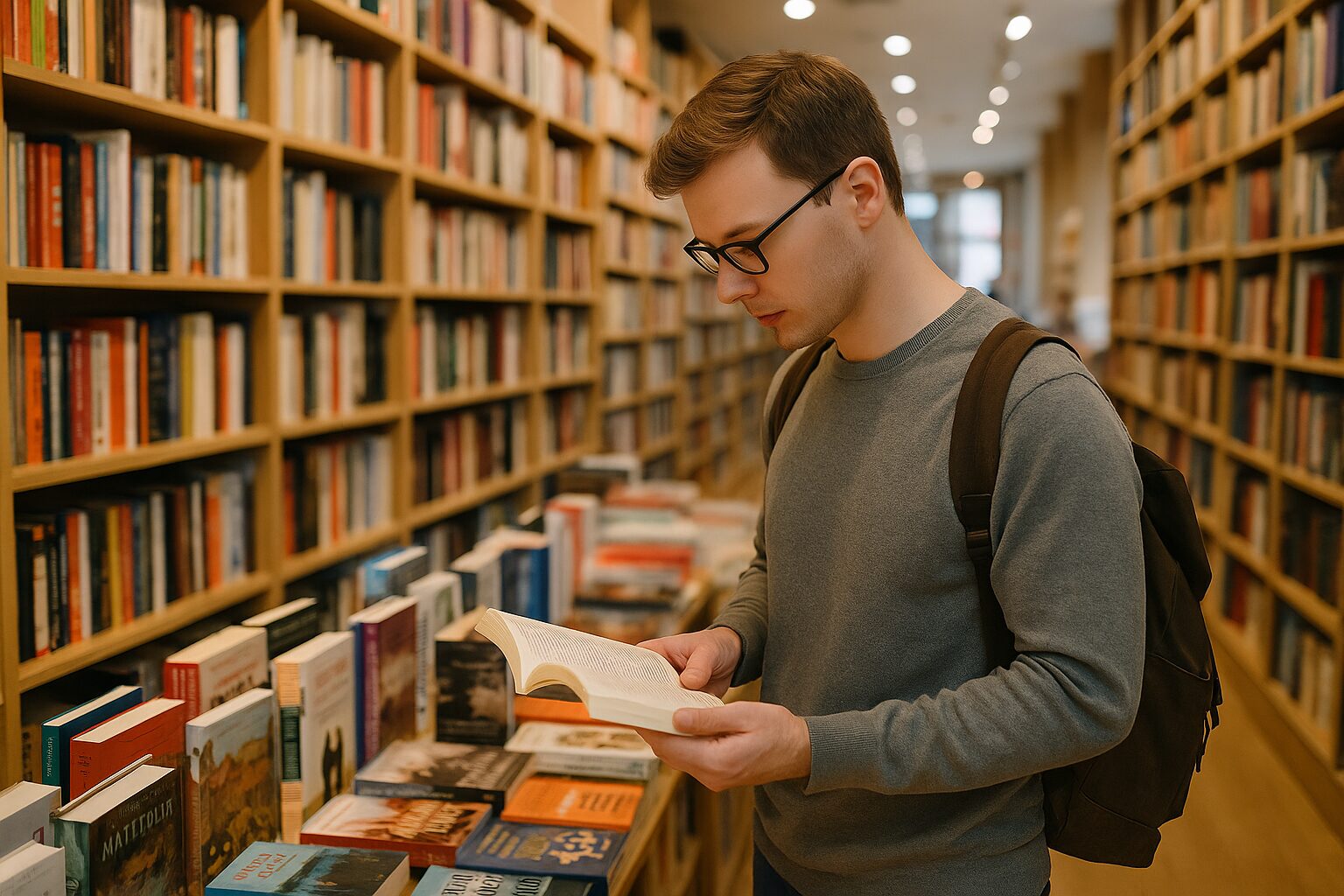 書店の棚を前に立ち止まり、気になる本を手に取ってページをめくる欧米人の男性。静かな書店の中で自分の興味と向き合いながら読書の時間を楽しんでいる様子。